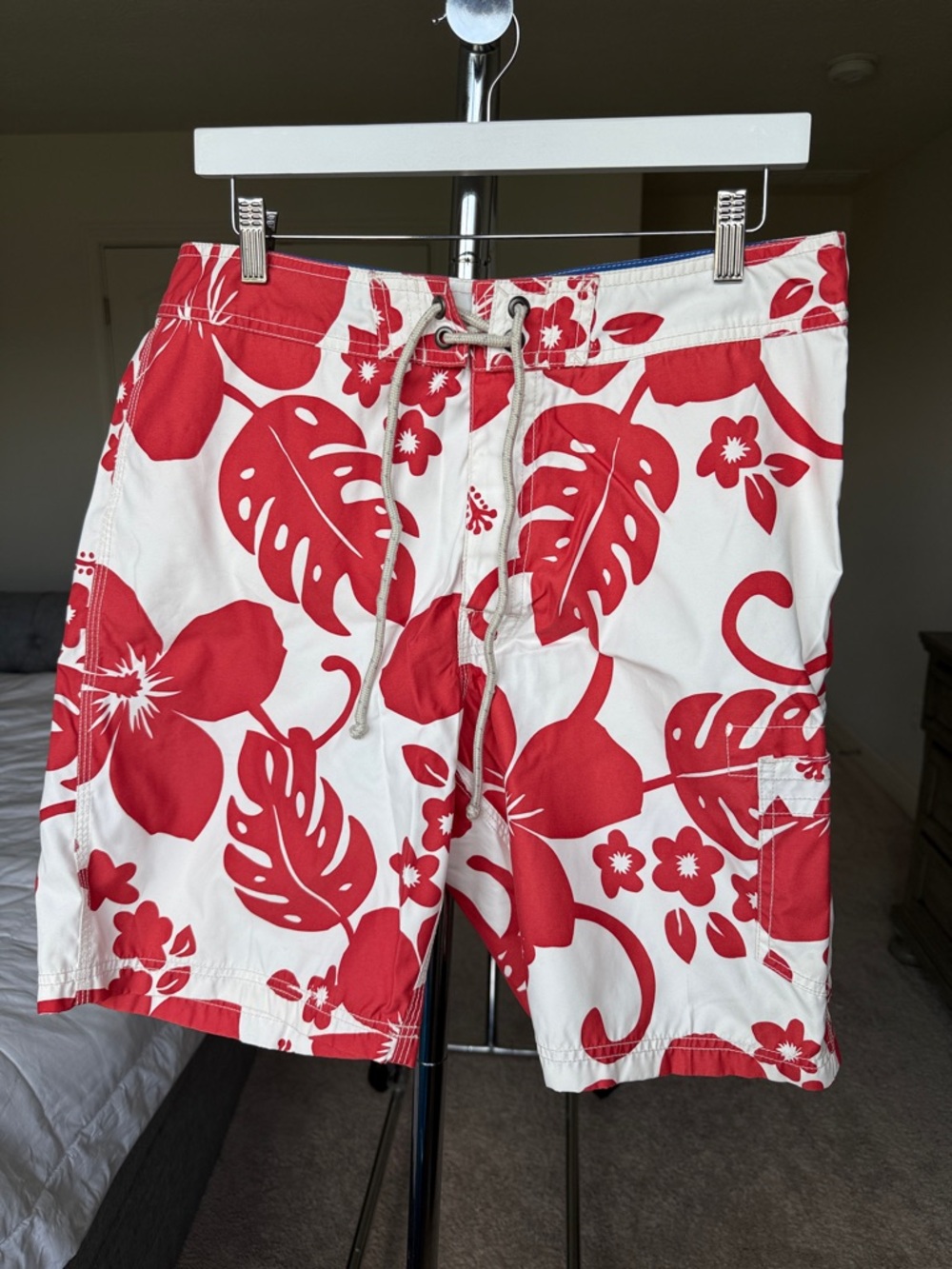 J. Crew Red and White Floral Swim Board Shorts